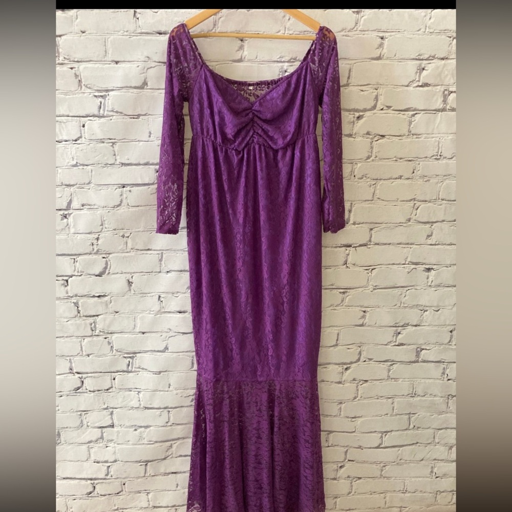 Purple lace maternity mermaid dress for baby shower or photo shoot